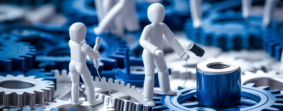 Weiße Figuren arbeiten mit Werkzeugen an blauen und silbernen Zahnrädern.